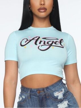 Fashion Nova Light Blue Angel Crop Top with Distressed Denim Shorts